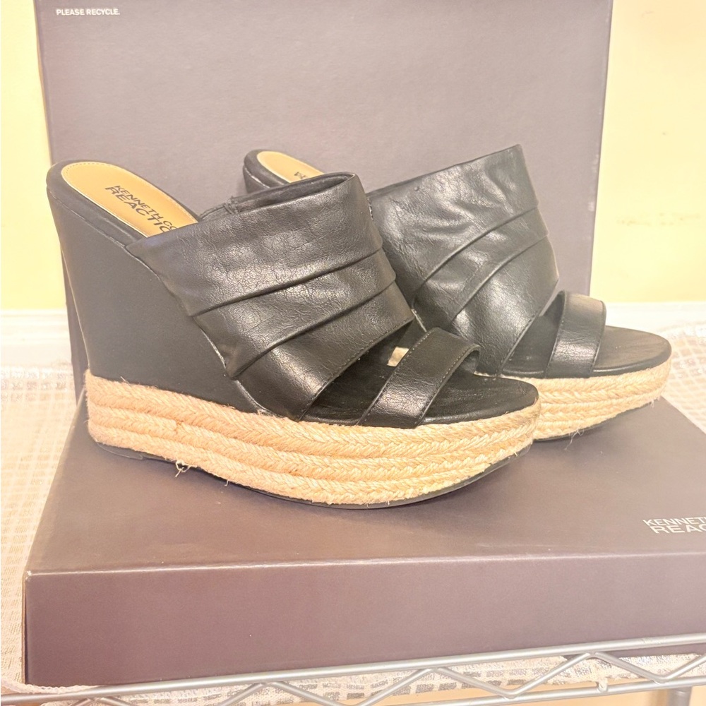 Black Leather Espadrille Wedge Mules with Ruched Detail